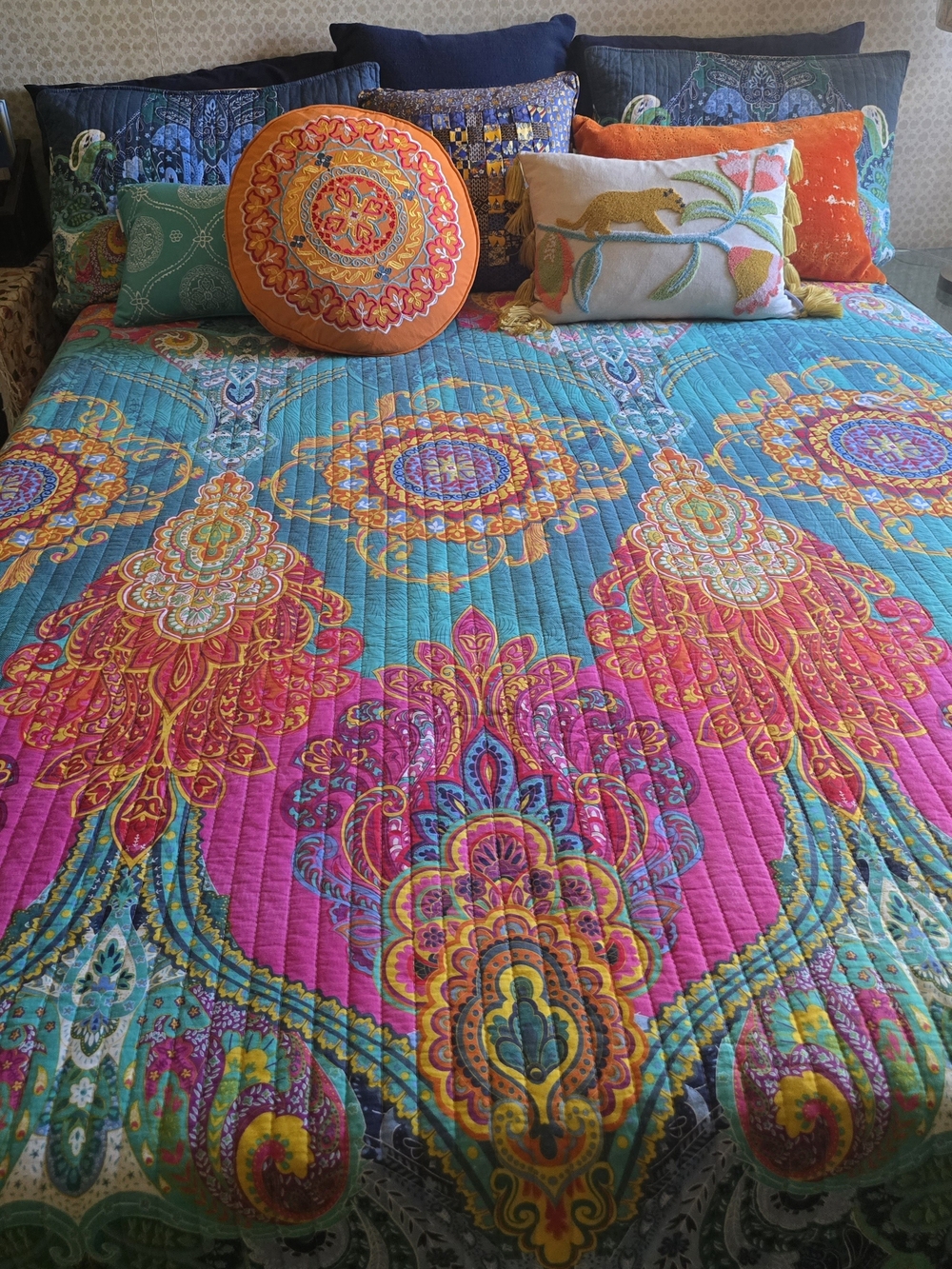 LEVTEX Mackenzie Vibrant Teal & Fuchsia Boho Eclectic Quilted Bedspread & Shams